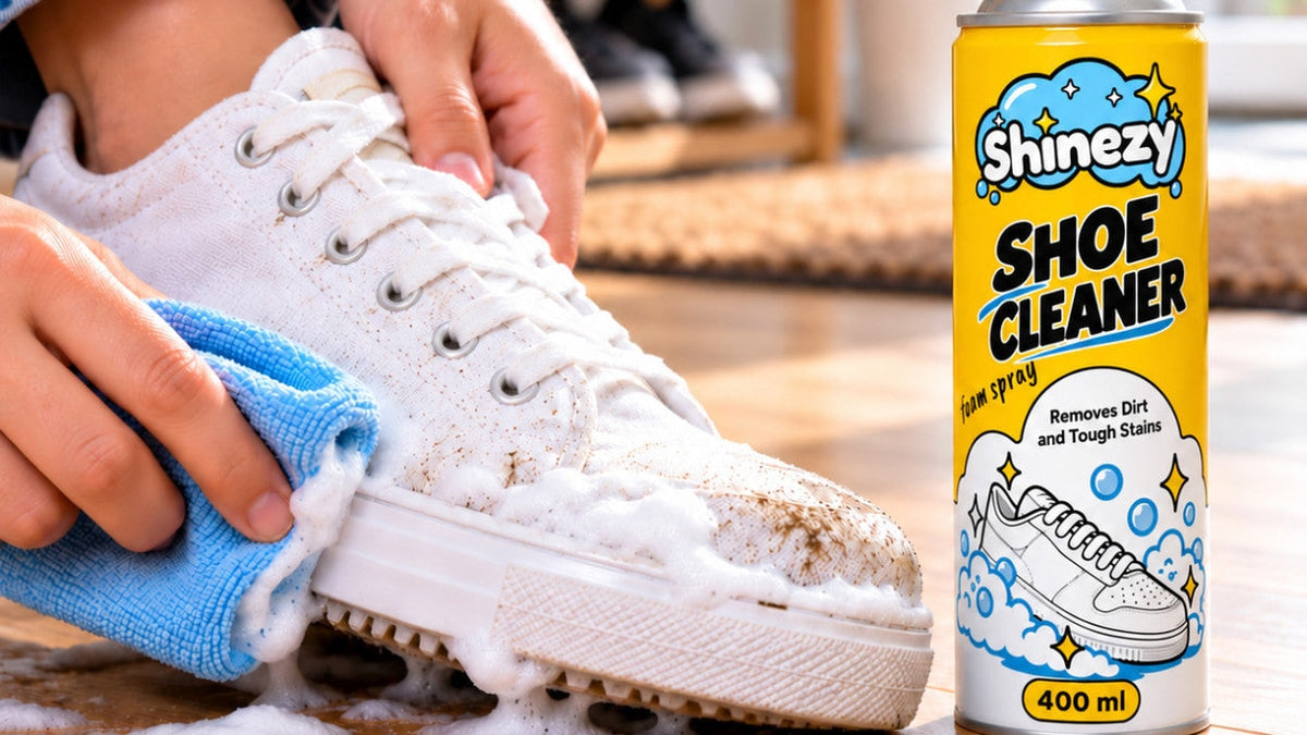 Wiping foam and dirt off a white sneaker's rubber midsole, with a can of Shinezy Shoe Cleaner