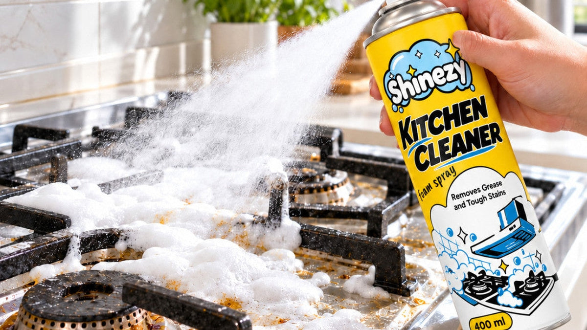 Spraying Shinezy Kitchen Cleaner foam onto a greasy gas stove and burners