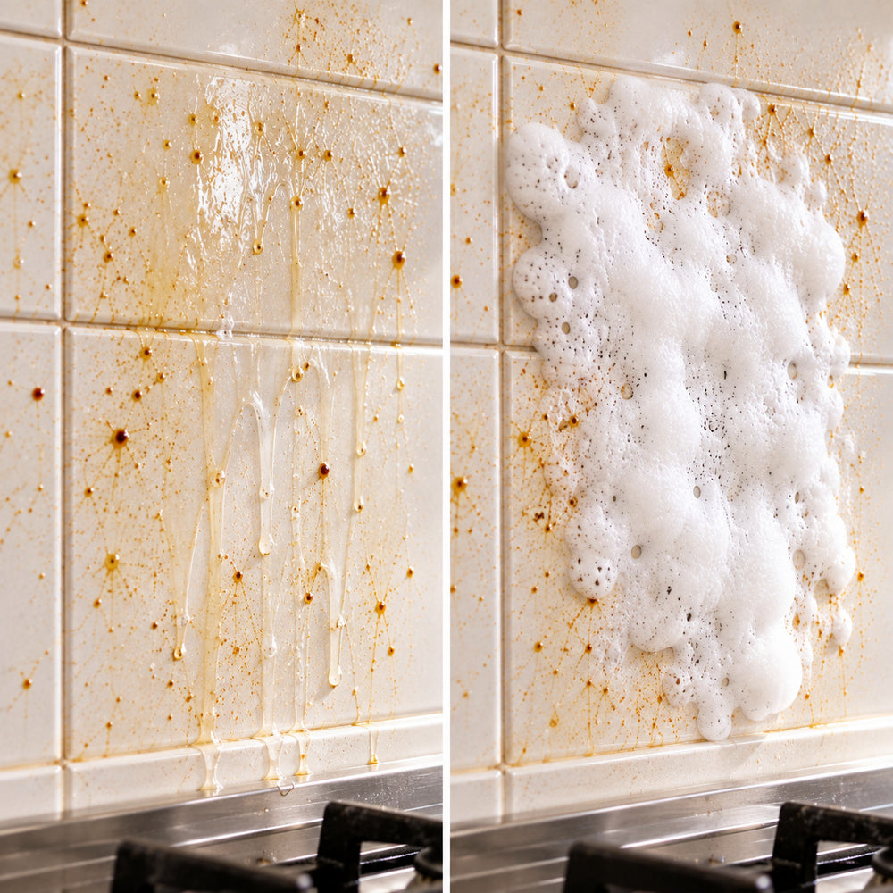 Thin liquid cleaner running down a greasy kitchen tile next to foam cleaner that stays in place