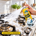 Shinezy Kitchen Cleaner foam sprayed on a gas stove and burners