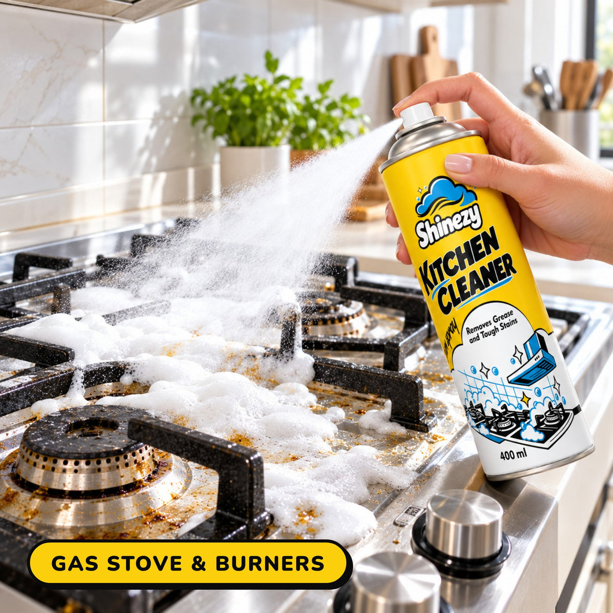 Shinezy Kitchen Cleaner foam sprayed on a gas stove and burners