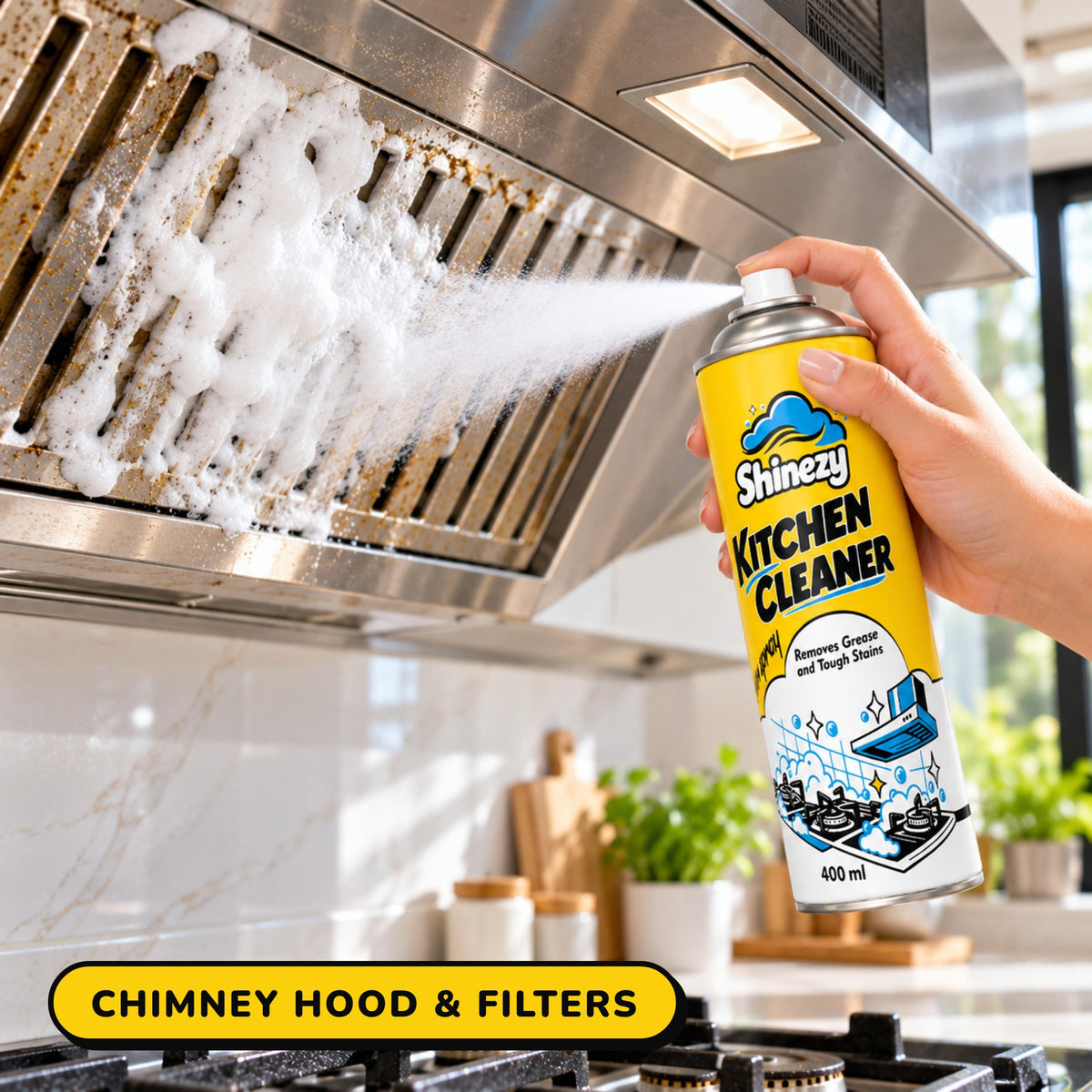 Shinezy Kitchen Cleaner foam sprayed on a chimney hood filter