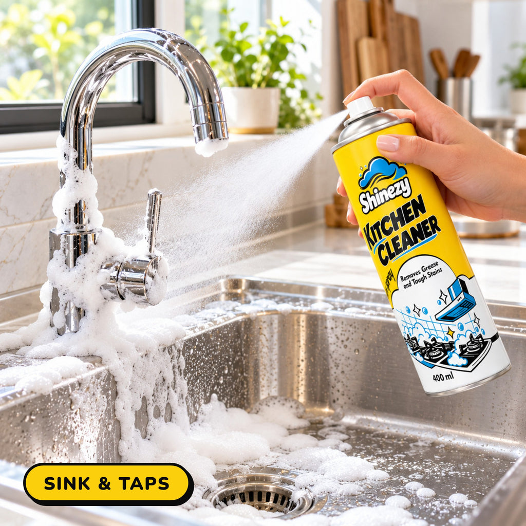 Shinezy Kitchen Cleaner foam on a sink and tap
