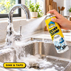 Shinezy Kitchen Cleaner foam on a sink and tap