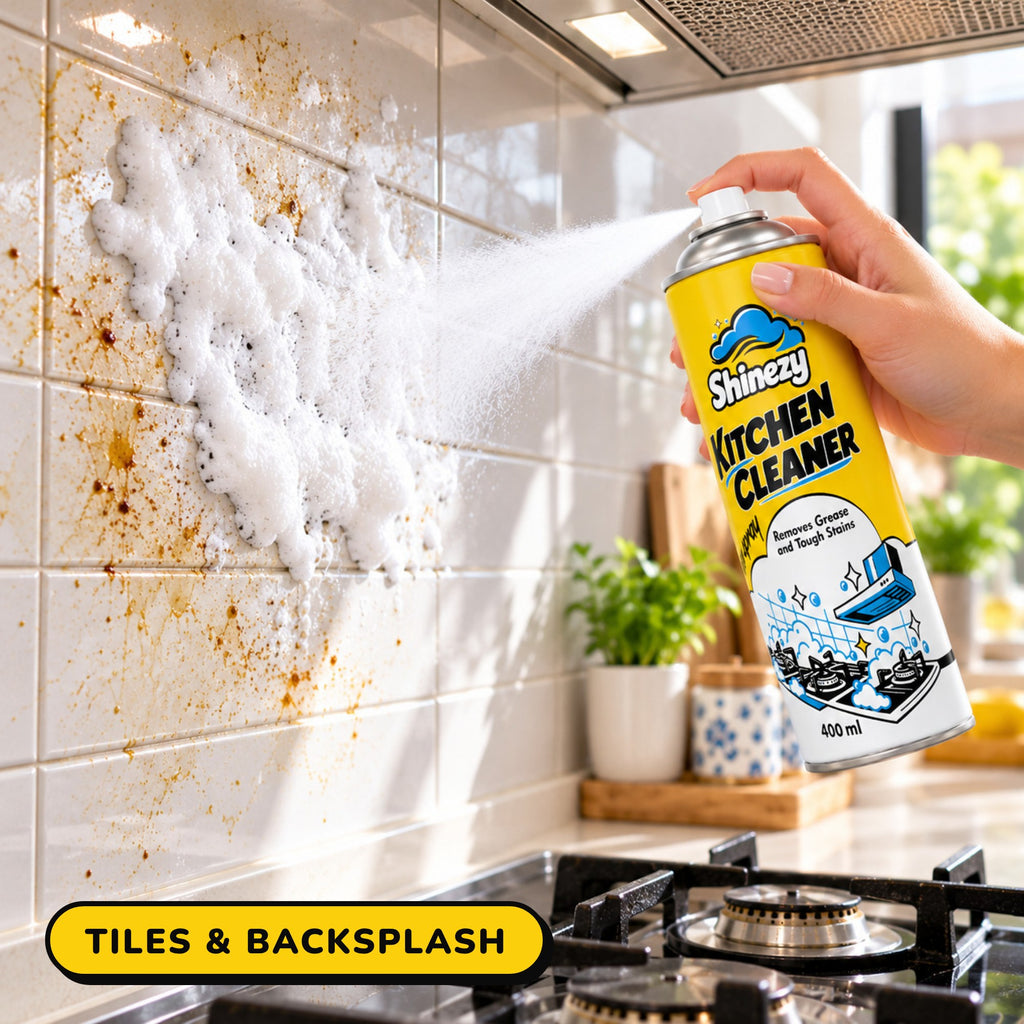 Shinezy Kitchen Cleaner foam clinging to tiles and backsplash