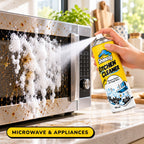 Shinezy Kitchen Cleaner foam sprayed on a microwave door