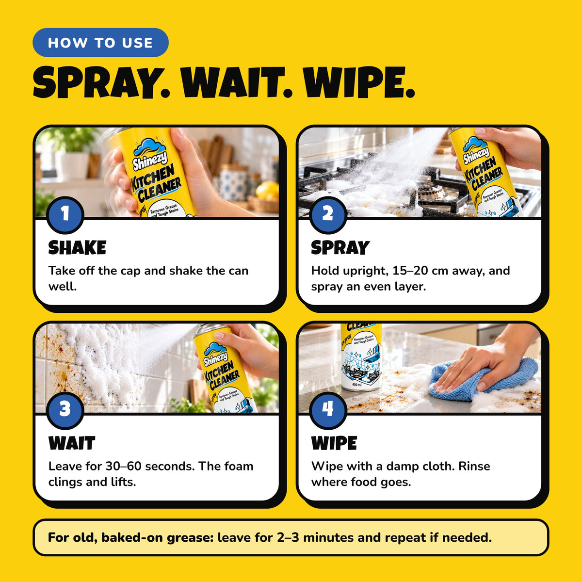 How to use Shinezy Kitchen Cleaner: shake, spray, wait 30 to 60 seconds, wipe