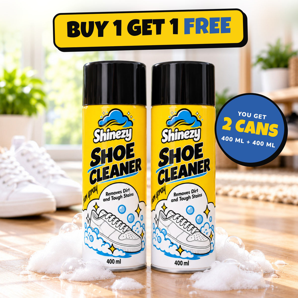 Shinezy Shoe Cleaner foam spray, Buy 1 Get 1 Free: two 400 ml cans
