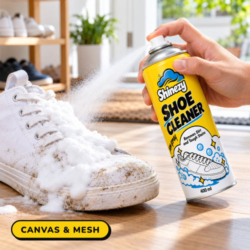 Shinezy Shoe Cleaner foam sprayed on a canvas sneaker