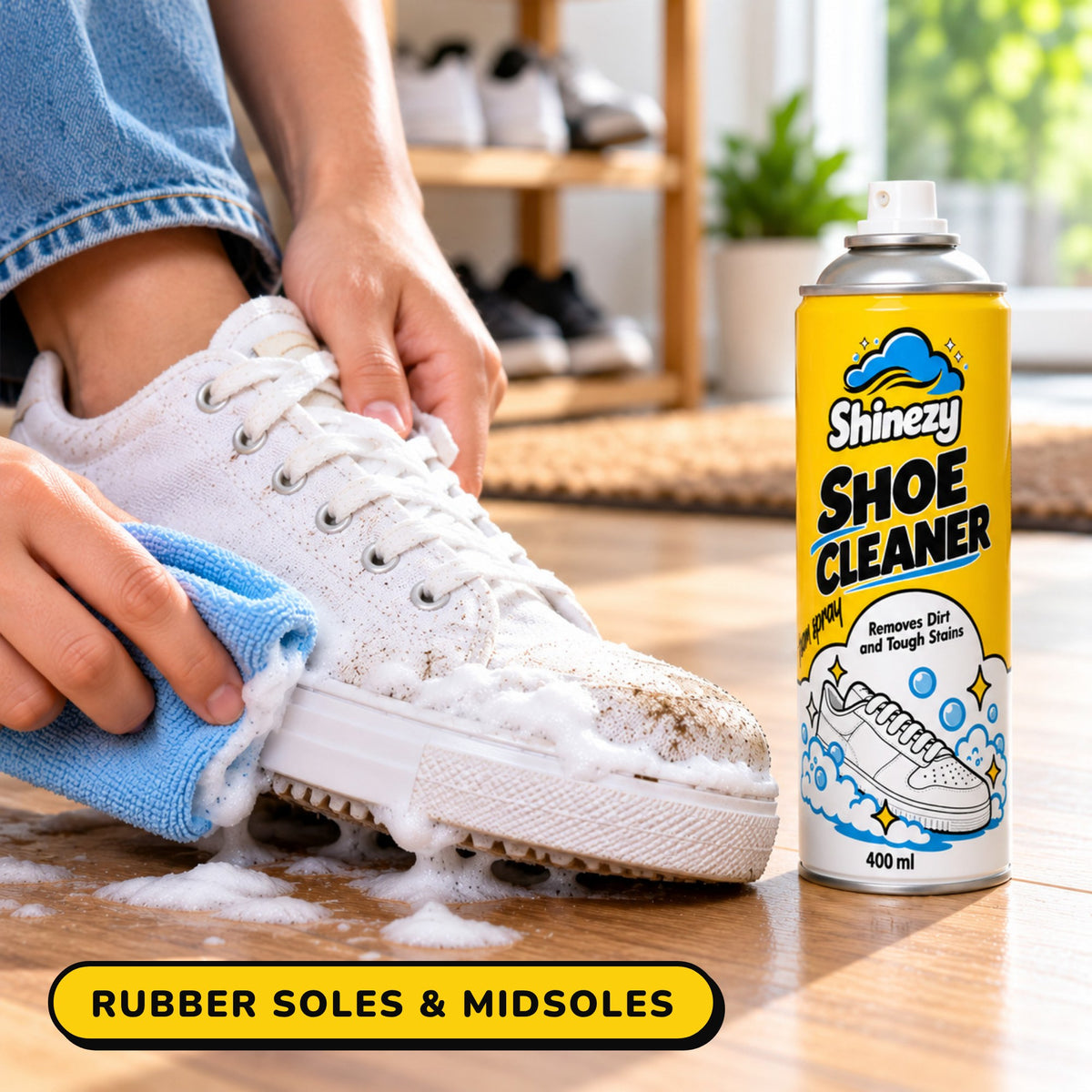 Wiping a rubber midsole clean with a cloth