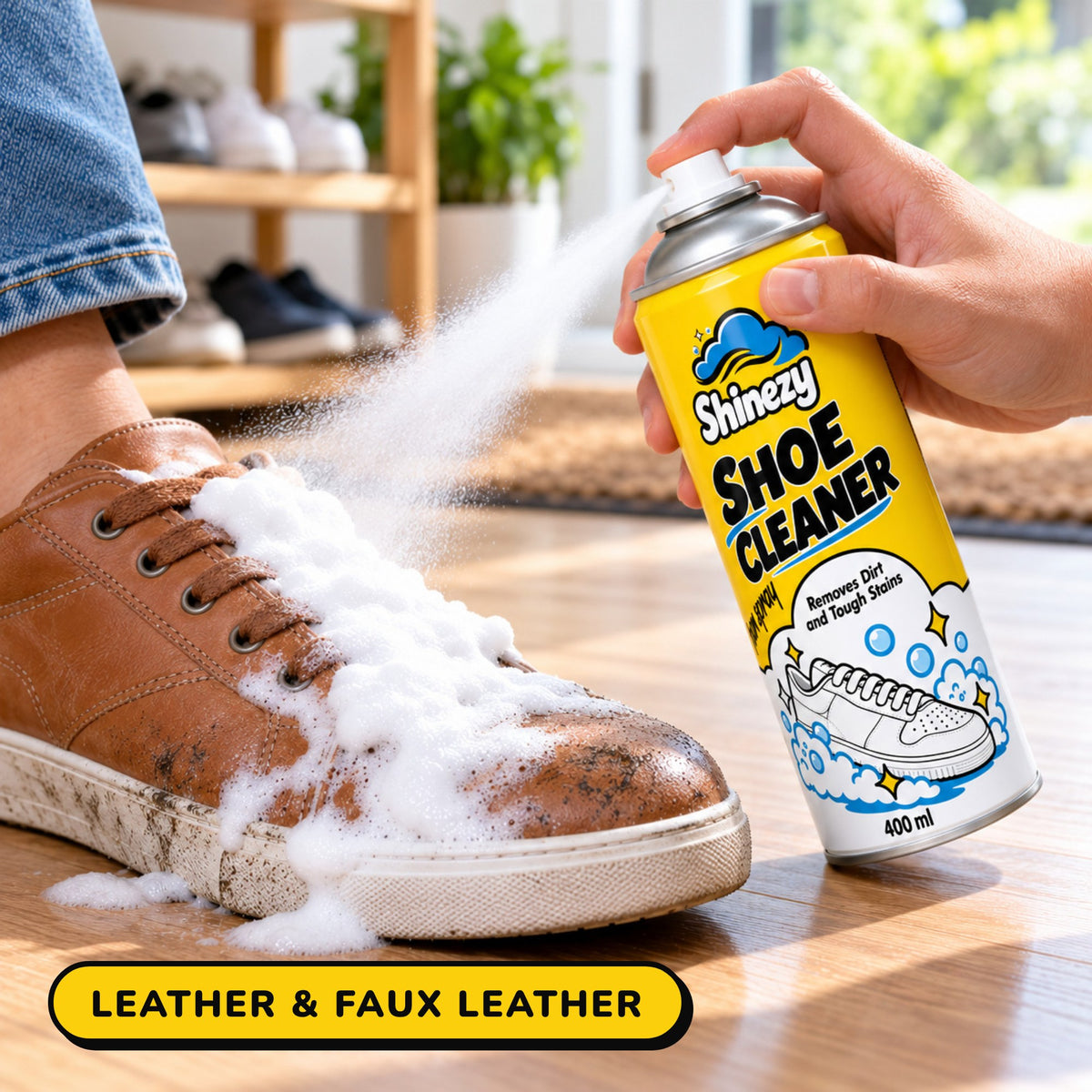 Shinezy Shoe Cleaner foam on a leather shoe