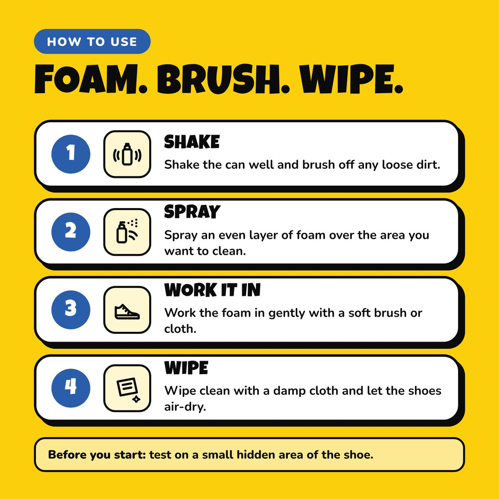 How to use Shinezy Shoe Cleaner: shake, spray, work it in, wipe