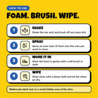 How to use Shinezy Shoe Cleaner: shake, spray, work it in, wipe