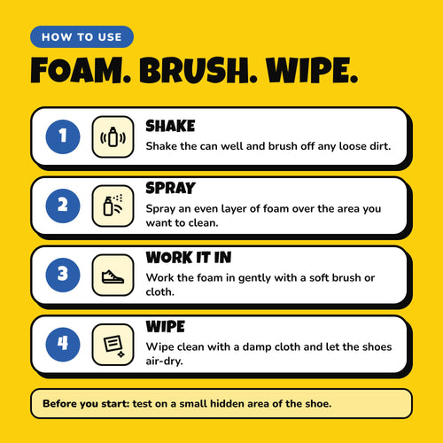 How to use Shinezy Shoe Cleaner: shake, spray, work it in, wipe