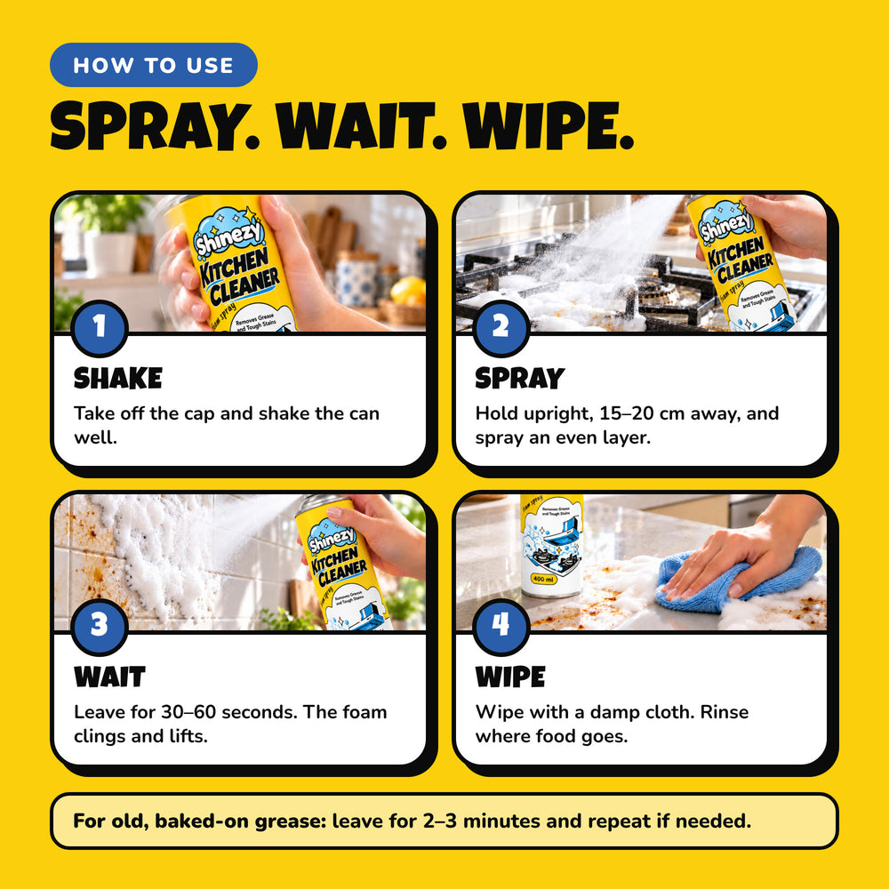 How to use Shinezy Kitchen Cleaner foam: shake the can, spray an even layer, wait 30 to 60 seconds, then wipe with a damp cloth