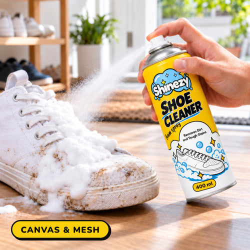 Shinezy Shoe Cleaner foam sprayed on a canvas sneaker