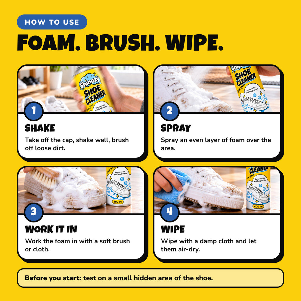 How to use Shinezy Shoe Cleaner foam: shake the can, spray an even layer, work it in with a soft brush, then wipe with a damp cloth